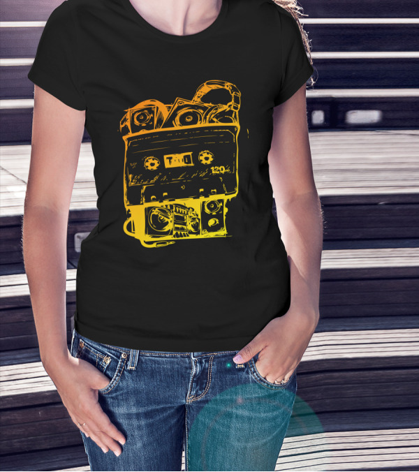 Audio Cassette 120 Yellow Gradient Boombox Headphones T-Shirt