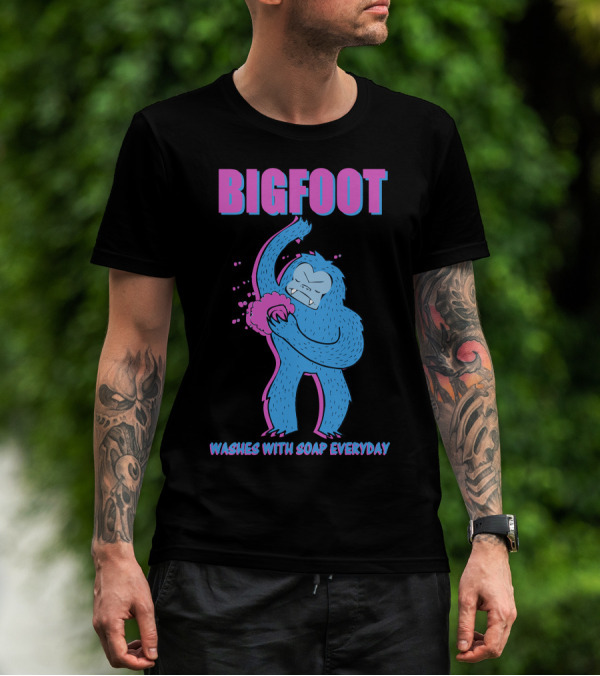 Bigfoot Washes With Soap Everyday Blue Creature Posing With Lathered Loofah T-Shirt