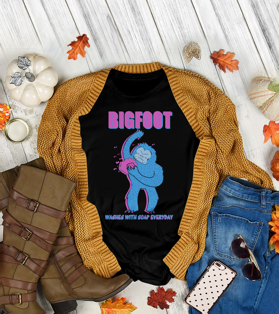 Bigfoot Washes With Soap Everyday Blue Creature Posing with Lathered Loofah T-Shirt