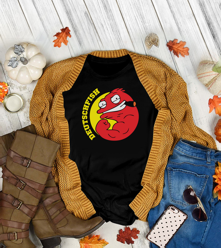 DEUTSCHFISH Cartoon Red Character with Pipe in Yellow Circle T-Shirt