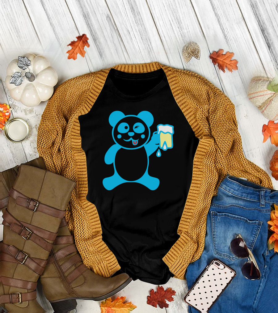 Drink Beer Panda Cheers with Winking Blue Bear T-Shirt