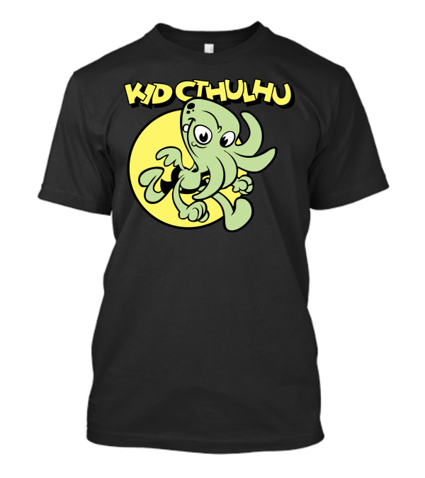 Kid Cthulhu Green Tentacled Character Against Yellow Circle T-Shirt
