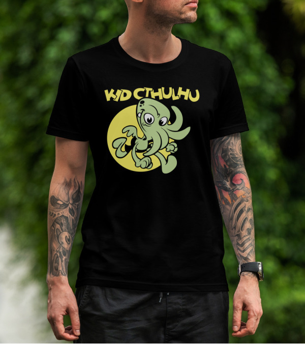 Kid Cthulhu Green Tentacled Character Against Yellow Circle T-Shirt