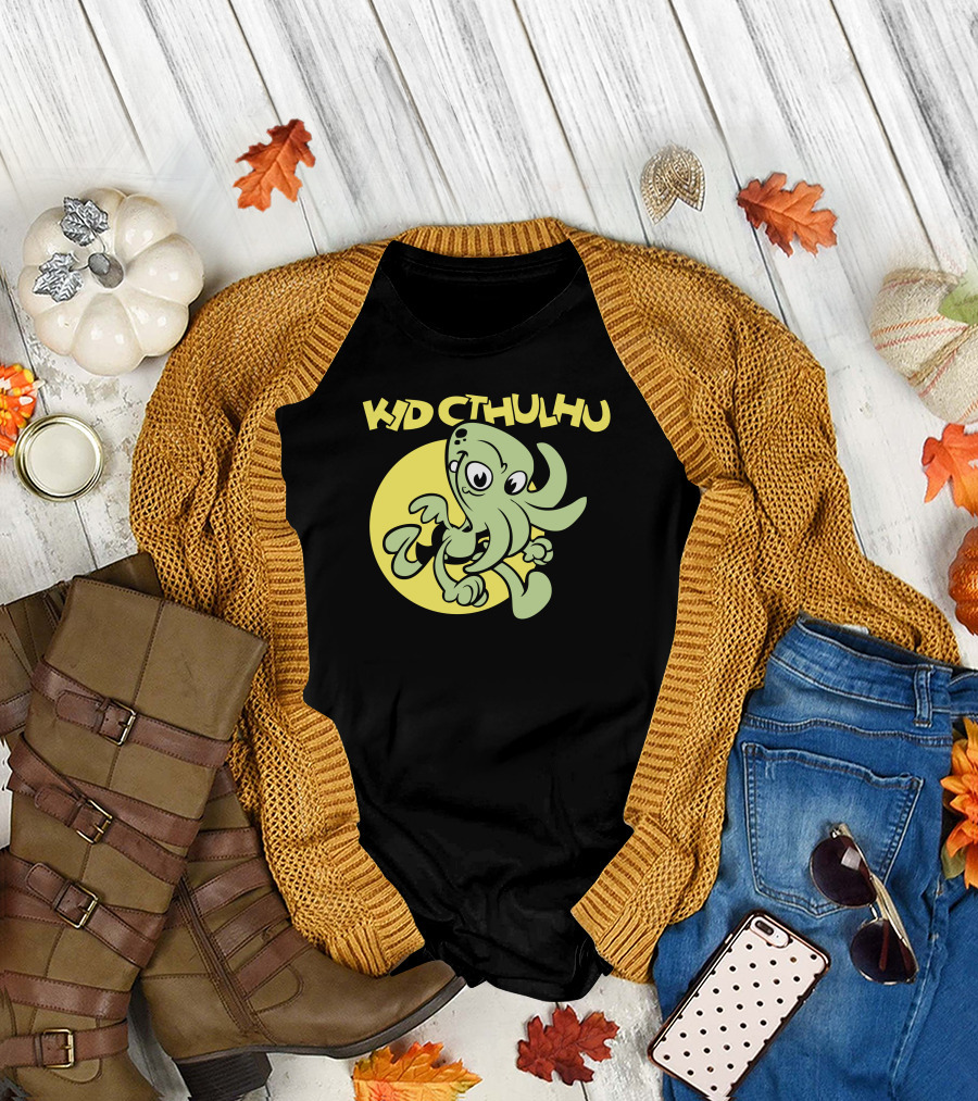 Kid Cthulhu Green Tentacled Character Against Yellow Circle T-Shirt