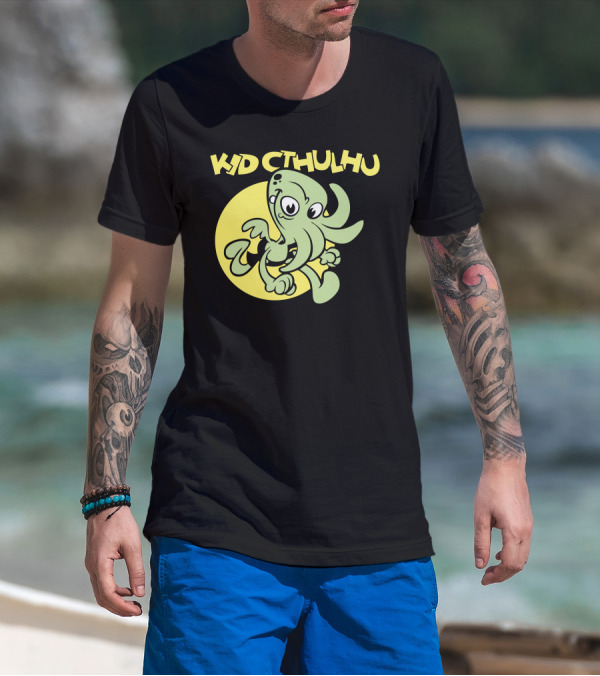 Kid Cthulhu Green Tentacled Character Against Yellow Circle T-Shirt