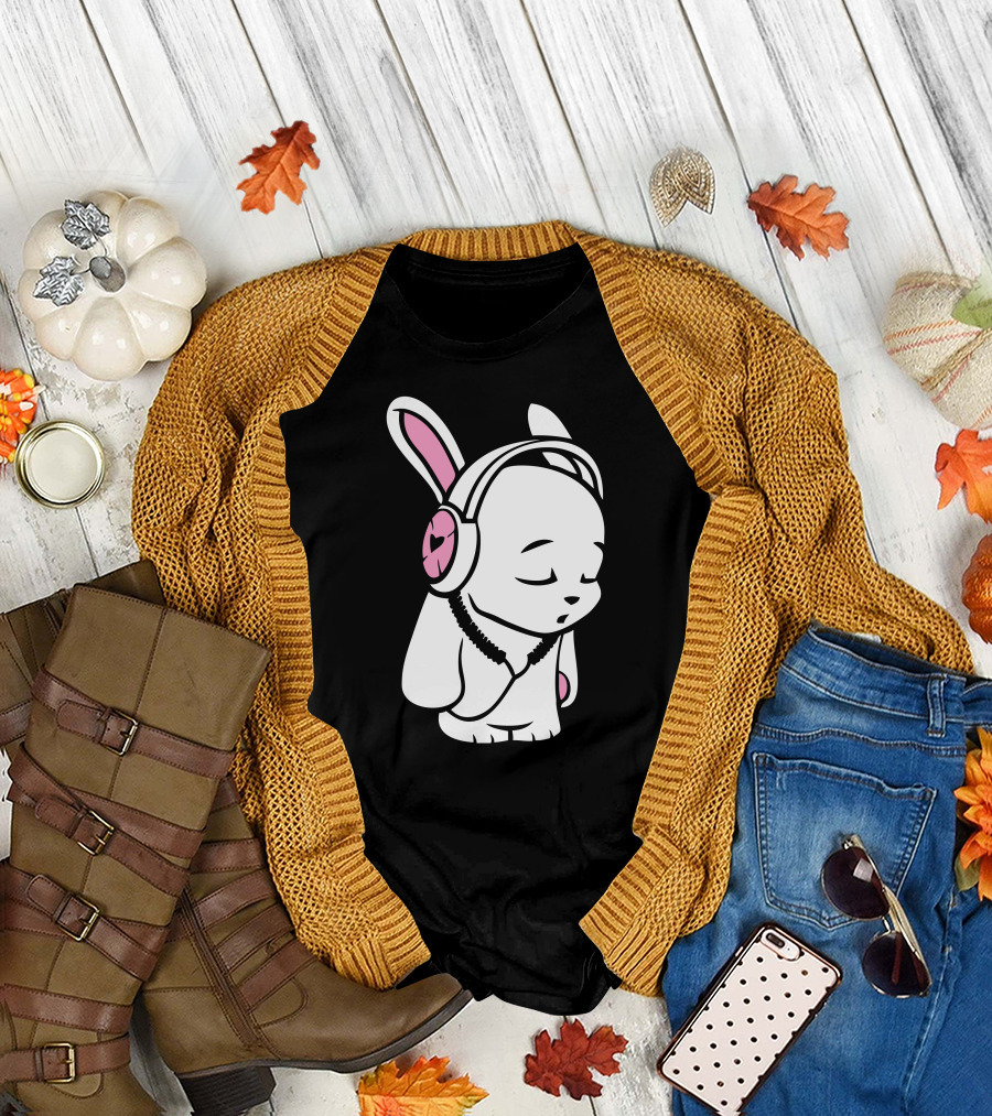 Love Music Bunny Wearing Heart Headphones Cartoon T-Shirt