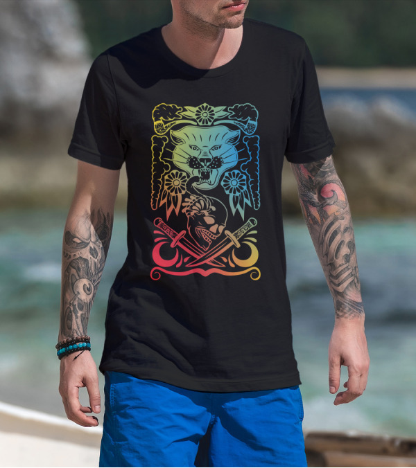 Phanter Blade Skull Panther Tattoo Style Skull With Crossed Swords T-Shirt