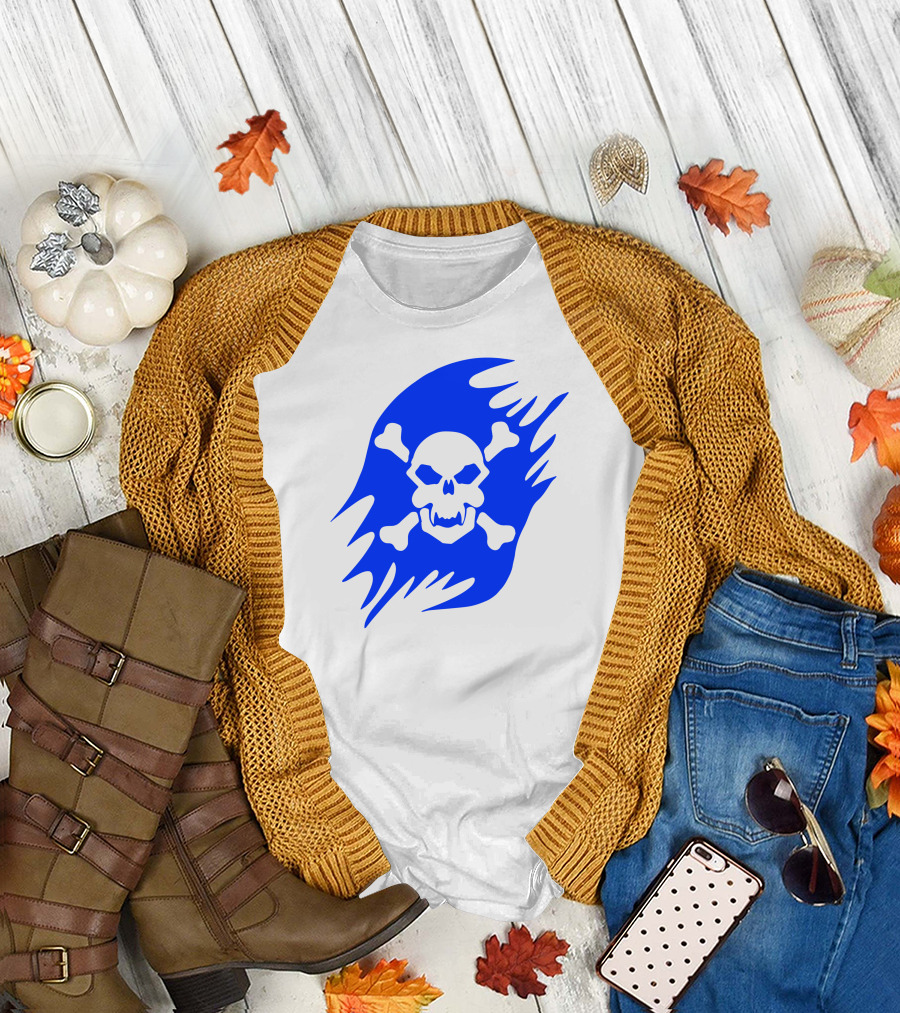 Pirate Flag Skull and Crossbones Blue Flame Custom Vinyl Decal T-Shirt