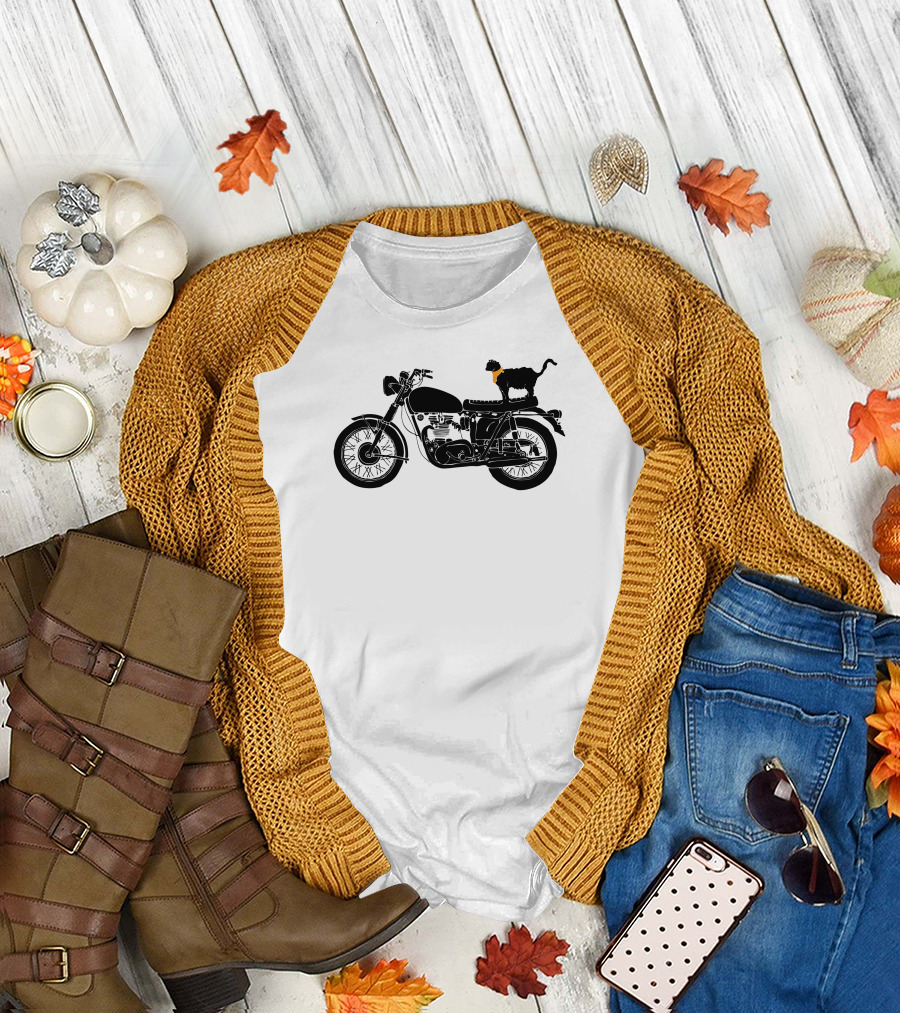 Purrfect Roadtrip Cat on Classic Motorcycle with Orange Bandana T-Shirt