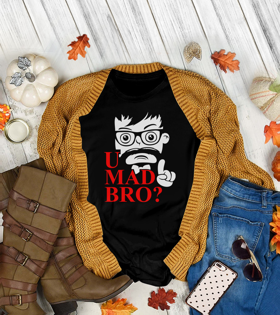 U Mad Bro Mustache Glasses Cartoon Character T-Shirt
