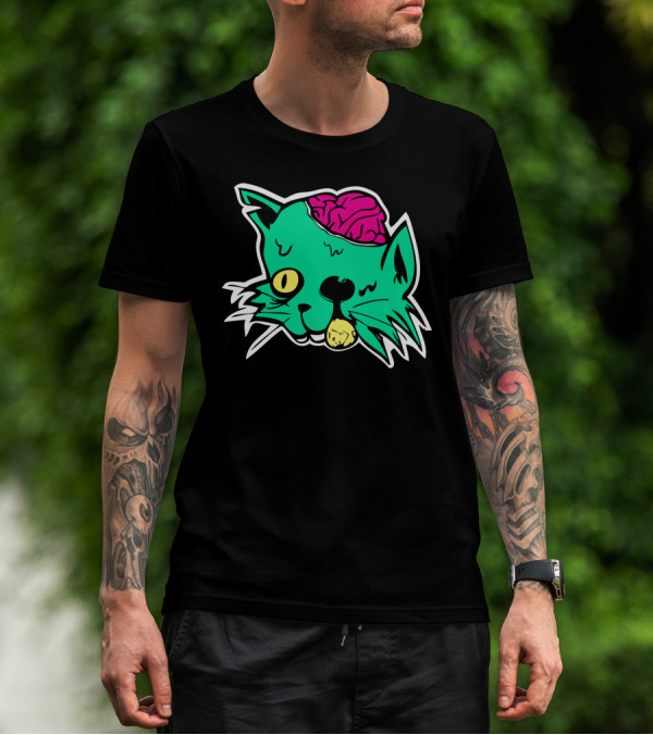 Zombie Cat Brain Biting Cartoon T-Shirt