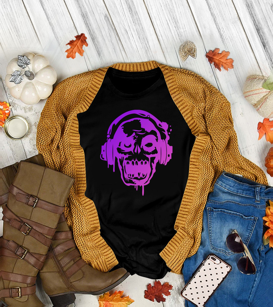 Zombie Headphone Skull Drip Purple T-Shirt