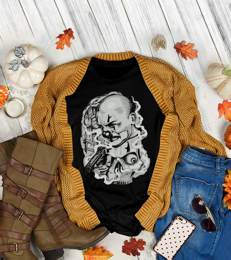 Clown Gun Skull Smoke City Scene T-Shirt