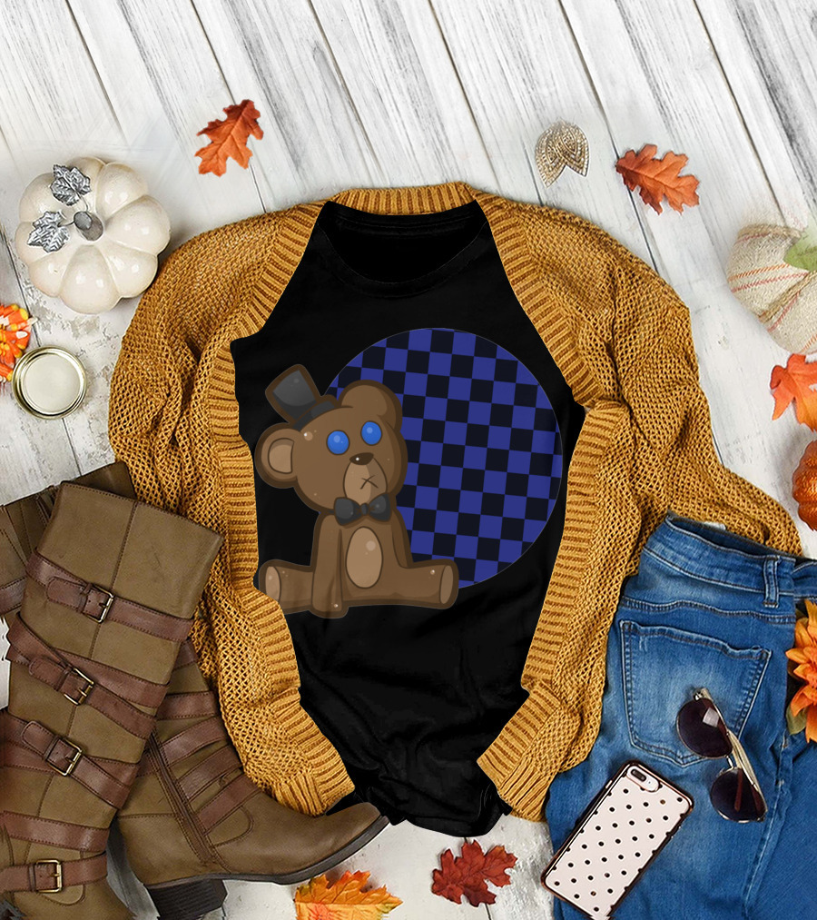 Five Nights at Freddy's Plushie Bear with Blue Checkered Background T-Shirt