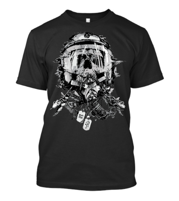 Skull Pilot Helmet With Fighter Jet And Dog Tags T-Shirt