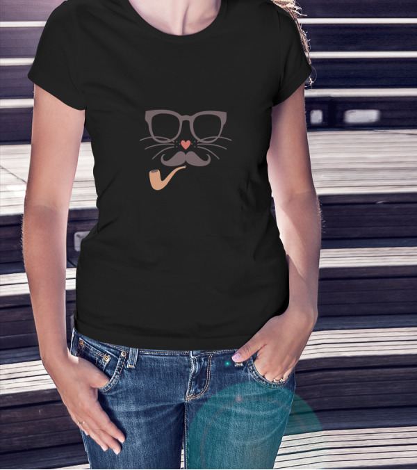 Hipster Cat Glasses Mustache Pipe Heart Whiskers T-Shirt