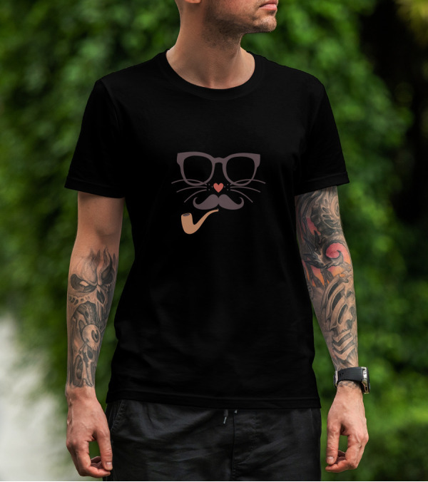 Hipster Cat Glasses Mustache Pipe Heart Whiskers T-Shirt