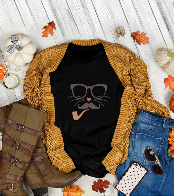 Hipster Cat Glasses Mustache Pipe Heart Whiskers T-Shirt