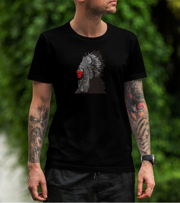 Indian Chief Red Face Skull Feather Headdress T-Shirt