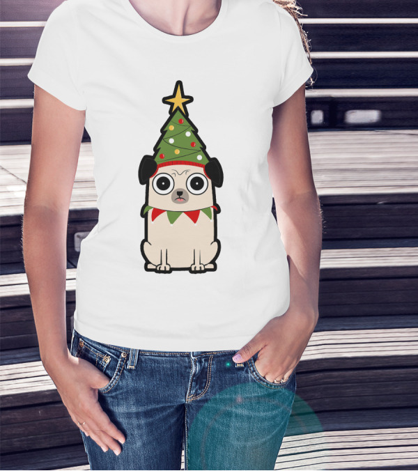 Christmas Tree Hat Pug With Lights And Star T-Shirt