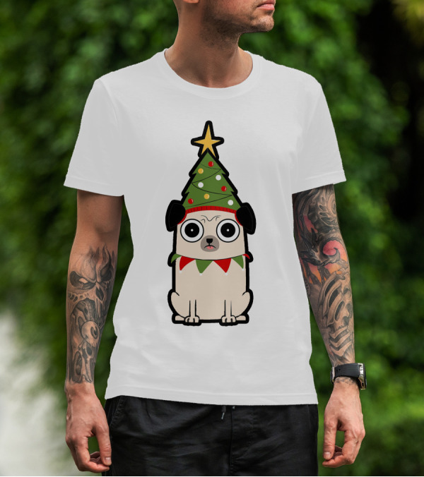 Christmas Tree Hat Pug With Lights And Star T-Shirt