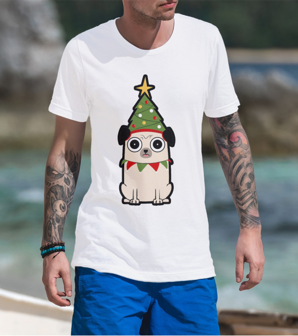 Christmas Tree Hat Pug With Lights And Star T-Shirt