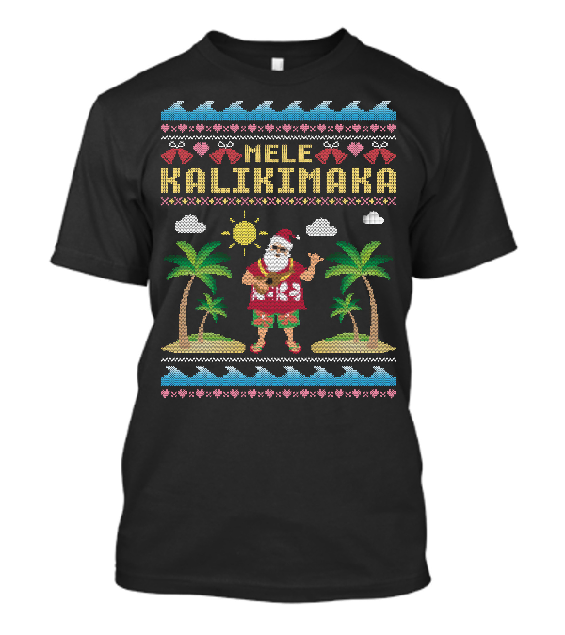 Mele Kalikimaka Santa Tropical Christmas Sweater Style Palm Trees Sun Waves T-Shirt