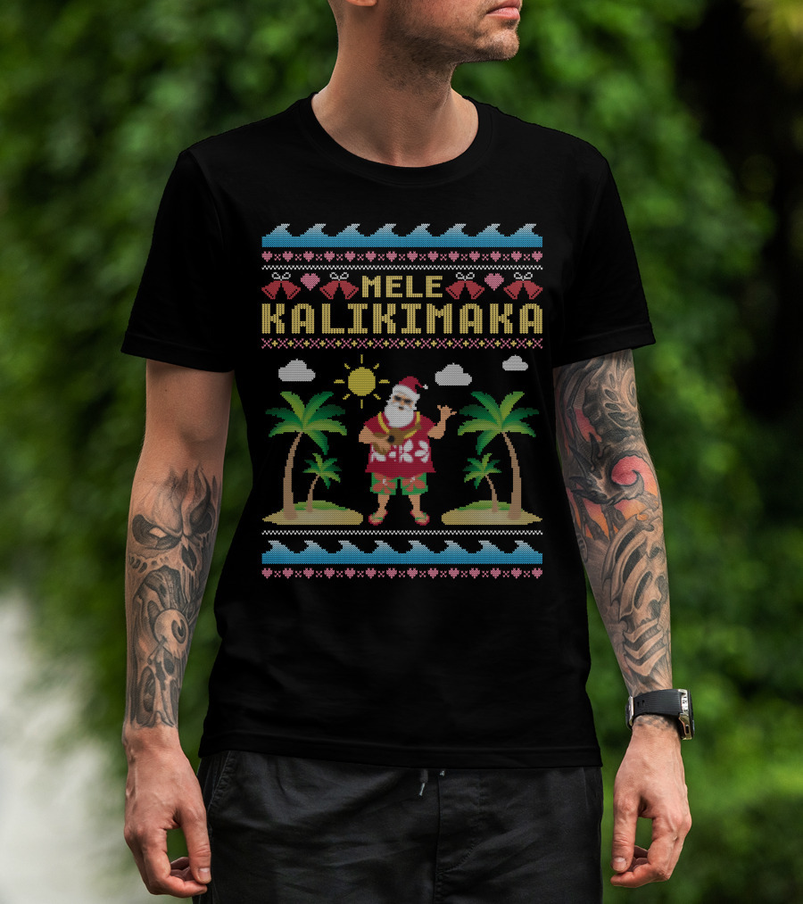 Mele Kalikimaka Santa Tropical Christmas Sweater Style Palm Trees Sun Waves T-Shirt