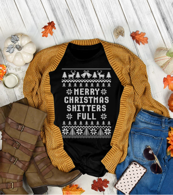 Merry Christmas Shitters Full Ugly Sweater Pattern With Snowflakes And Reindeer T-Shirt