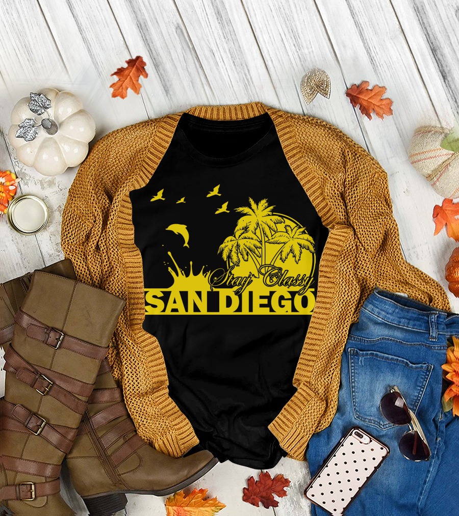 Stay Classy San Diego Dolphins Palm Trees Sunset Birds T-Shirt