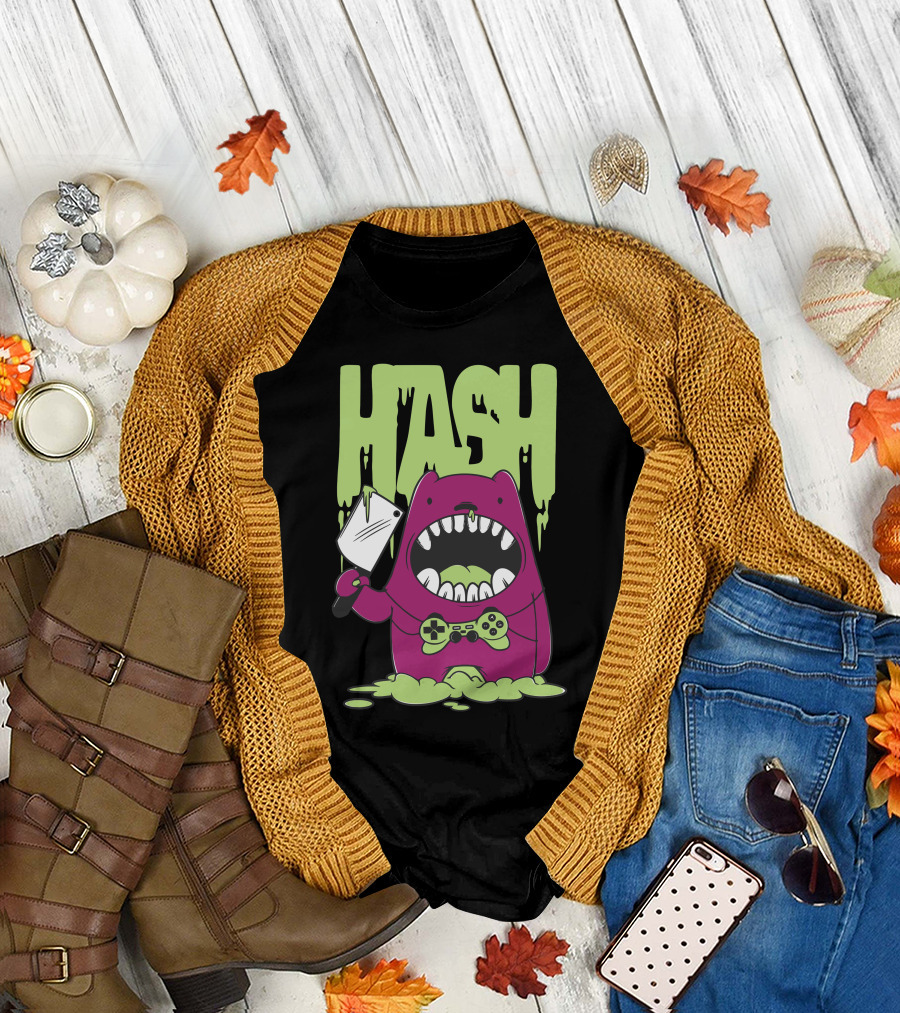 HASH Monster Holding Game Controller and Cleaver T-Shirt