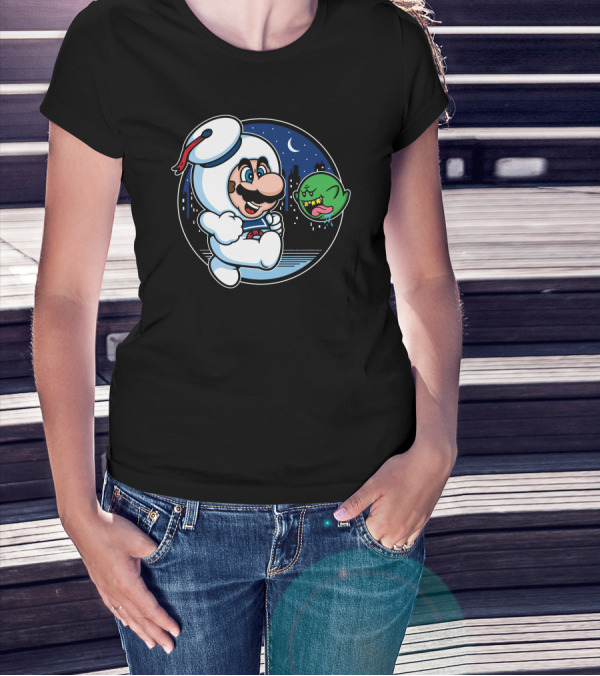 Super Marshmallow Bros Mario Ghost Crossover Night City Scene T-Shirt