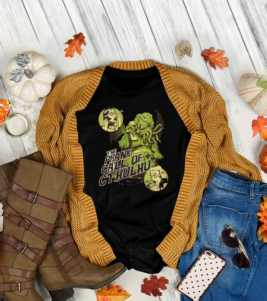 The Prank Call of Cthulhu Comic Style Graphic with Surprised Characters in Vintage Circles T-Shirt