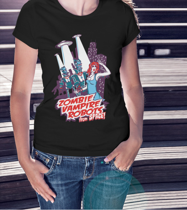 Zombie Vampire Robots From Space Cityscape Panic T-Shirt