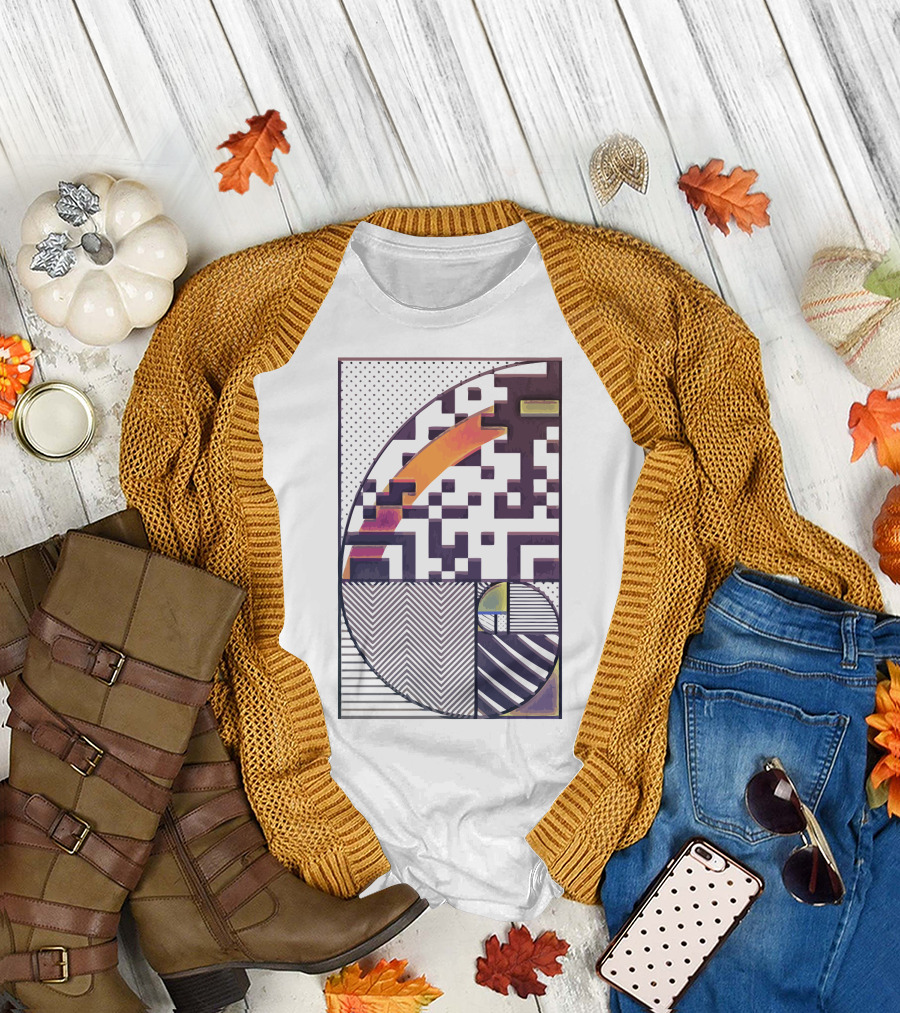 Once Golden Geometric Pattern with Retro Sunset and Maze Elements T-Shirt