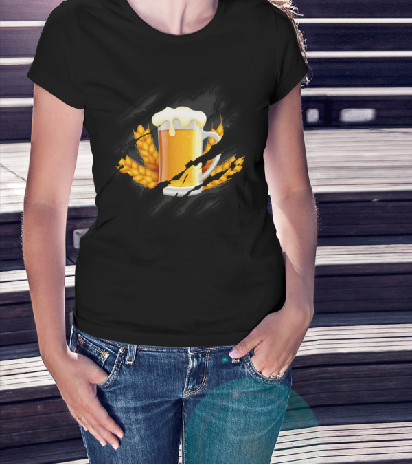 Beer Inside Glass Mug With Wheat And Claw Marks T-Shirt