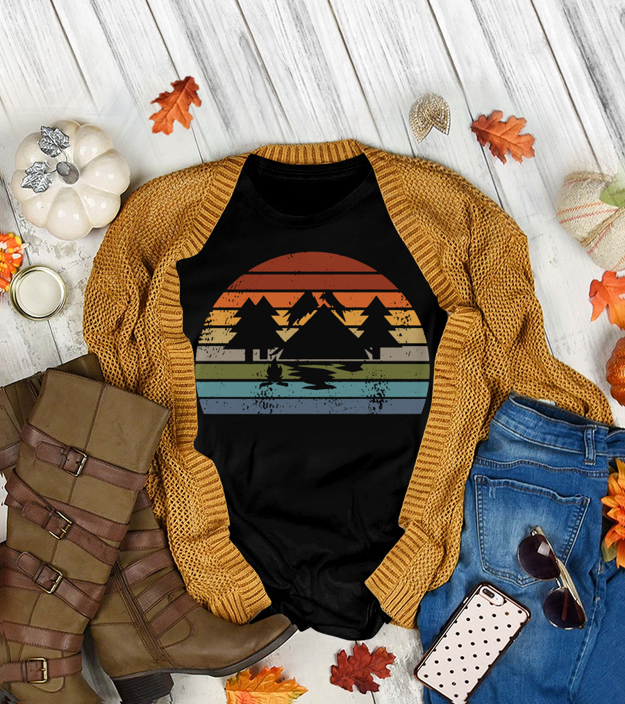 Retro Camping Tents Sunset Forest Scene T-Shirt