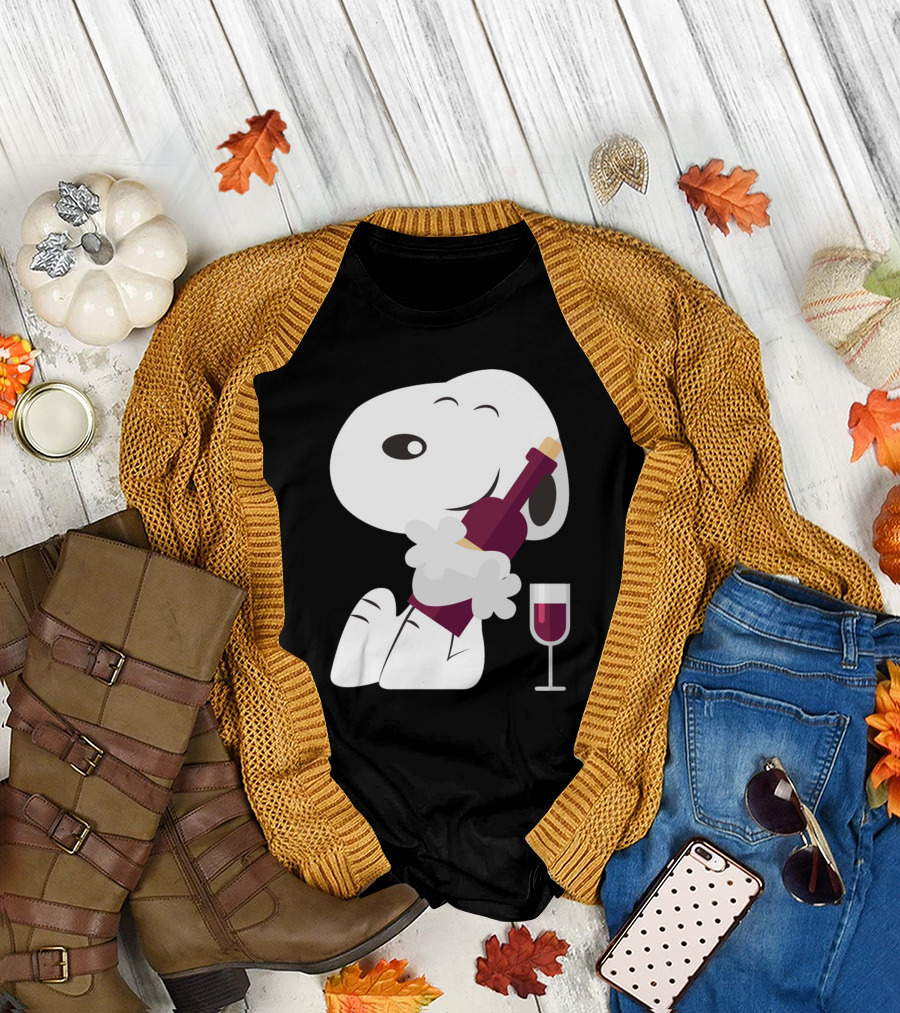 Snoopy Hugging Wine Bottle with Glass T-Shirt