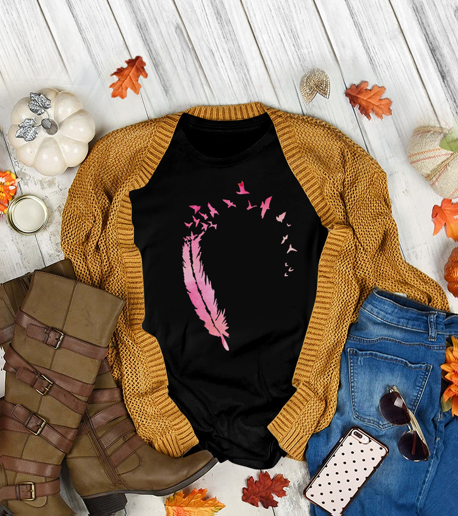 Watercolour Feather Pink Bird Formation T-Shirt