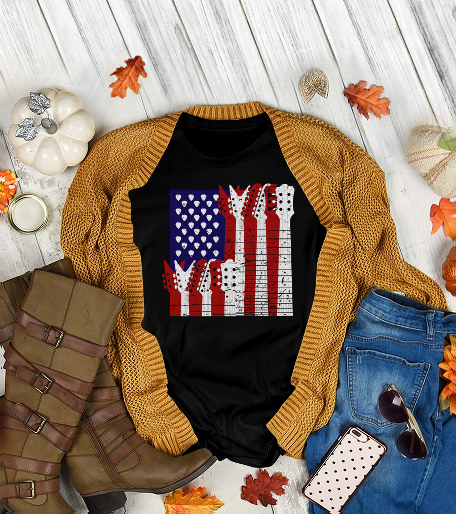 American Flag Guitar Headstocks Patriotic Music T-Shirt