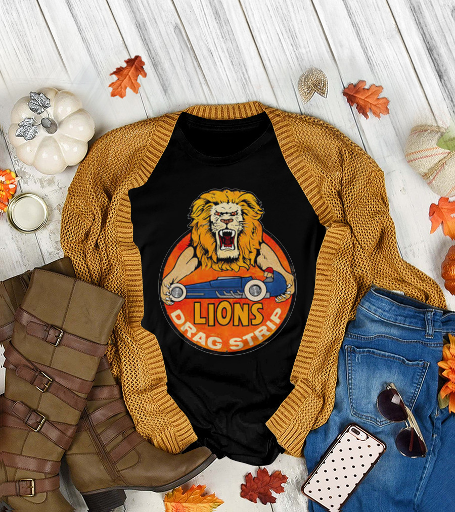 Lions Drag Strip Racing Emblem with Classic Car and Fierce Lion T-Shirt