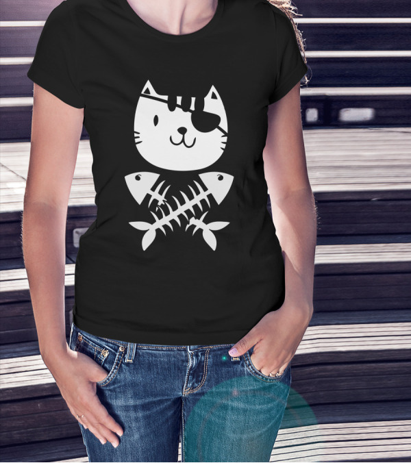Cat Pirate With Eyepatch And Crossbones Fish T-Shirt