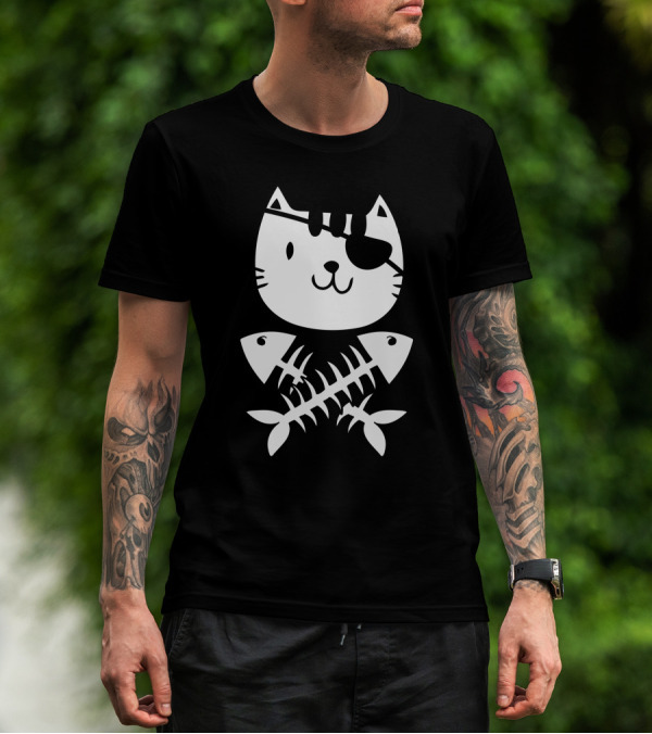 Cat Pirate With Eyepatch And Crossbones Fish T-Shirt
