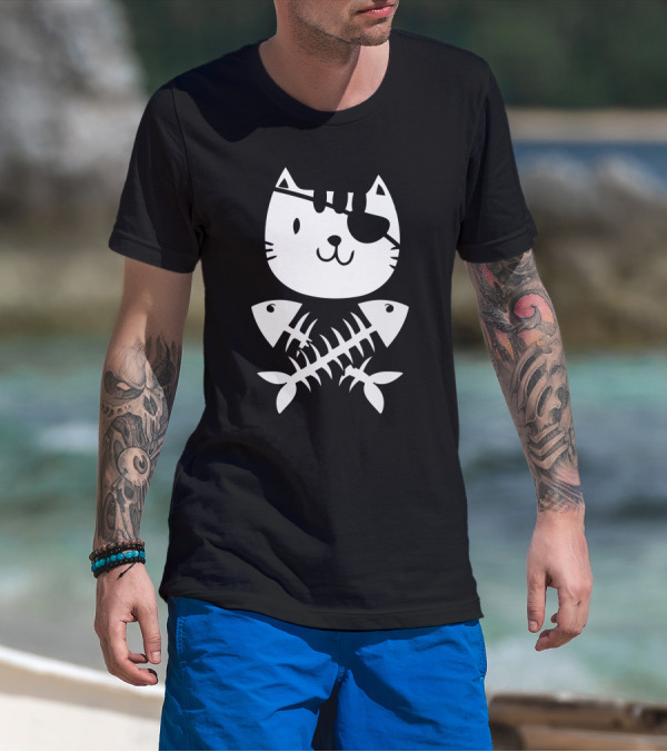 Cat Pirate With Eyepatch And Crossbones Fish T-Shirt