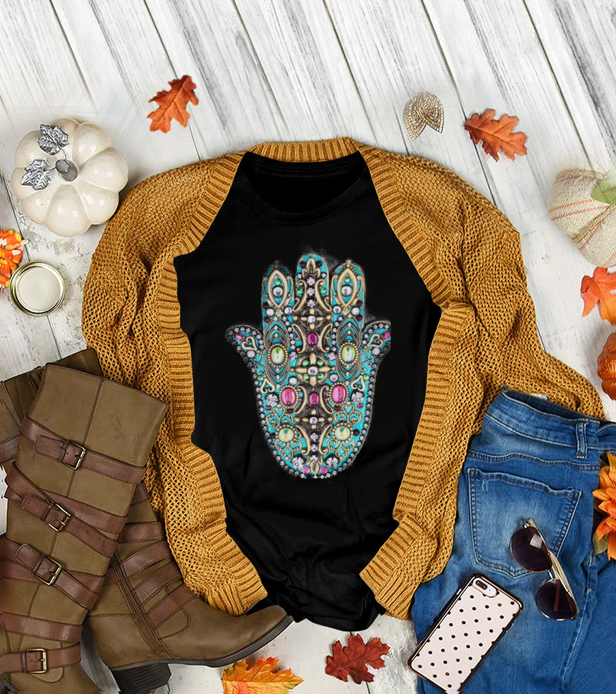 Colorful Hand of Fatima Hamsa Symbol with Ornate Jewels T-Shirt