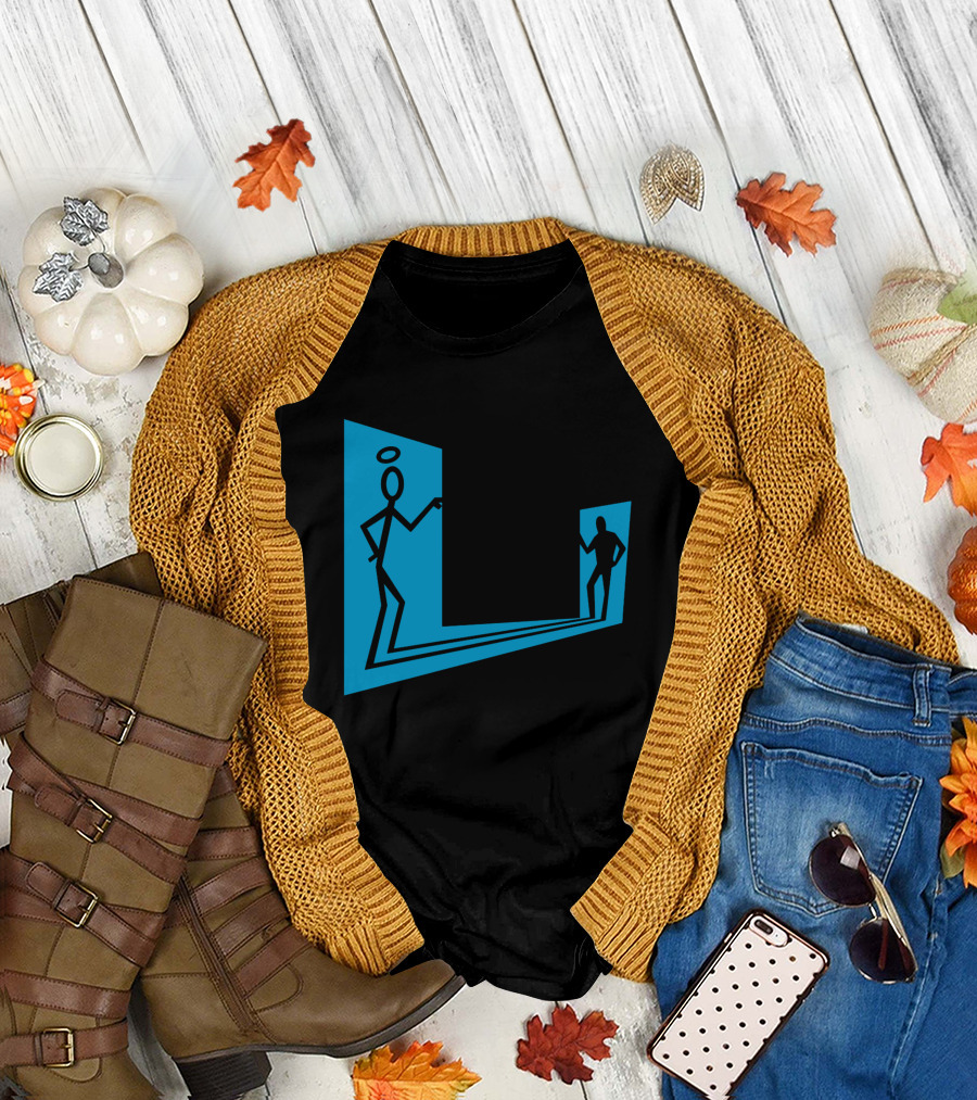 Enter The Saint Stick Figures with Halo and Shadow Silhouette in Blue Rectangular Frame T-Shirt