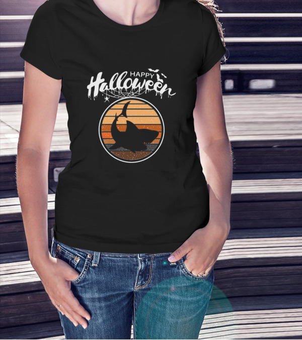 Happy Halloween Sunset Silhouette Shark With Bats T-Shirt