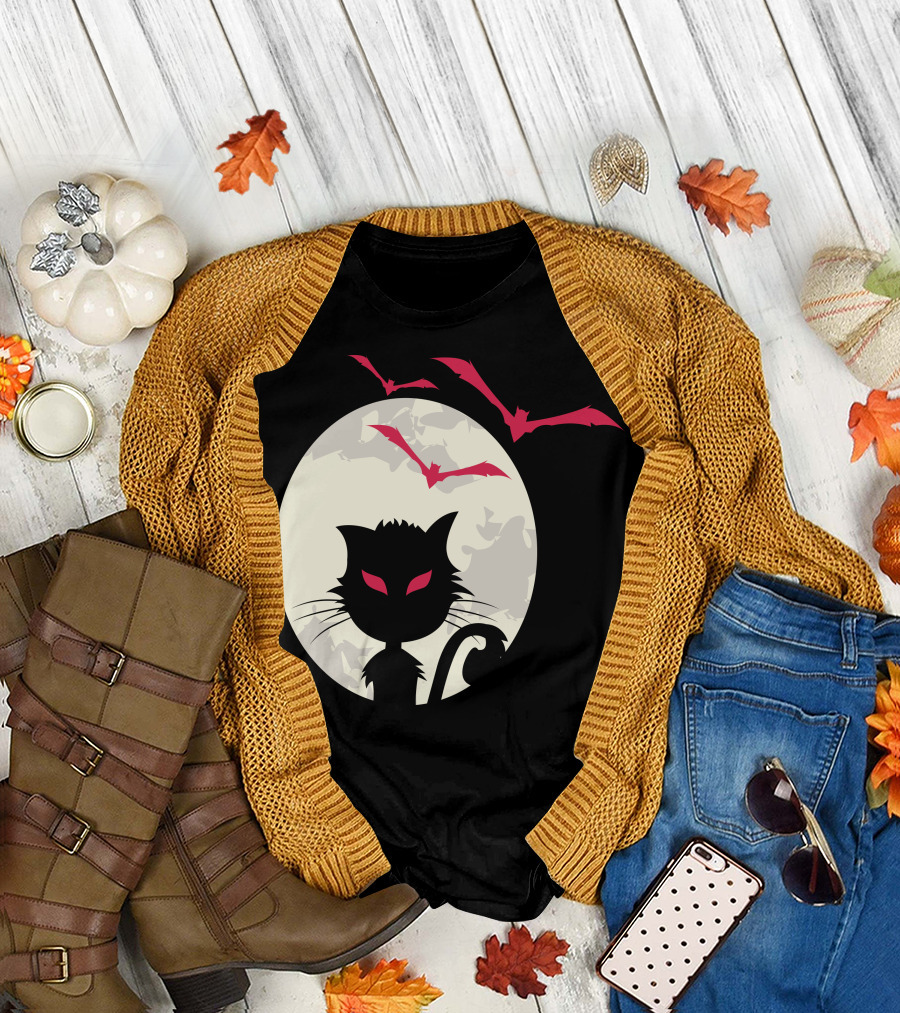 Halloween Bat Cat Silhouette with Red Bats and Moon T-Shirt