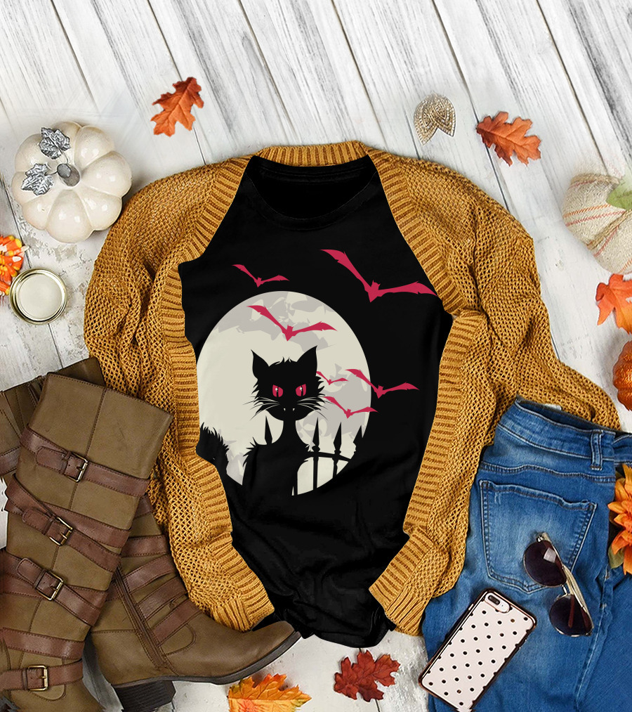 Halloween Cat with Red-Eyed Bats in Full Moon T-Shirt