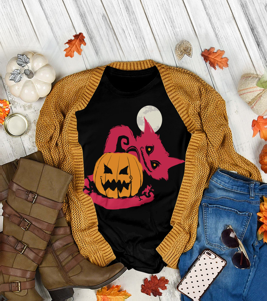 Halloween Pumpkin Cat with Moon and Mischievous Grin T-Shirt
